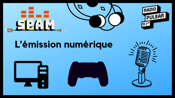 image de console, d'ordinateur et de micro sur fond bleu avec logo de l'émission SPAM