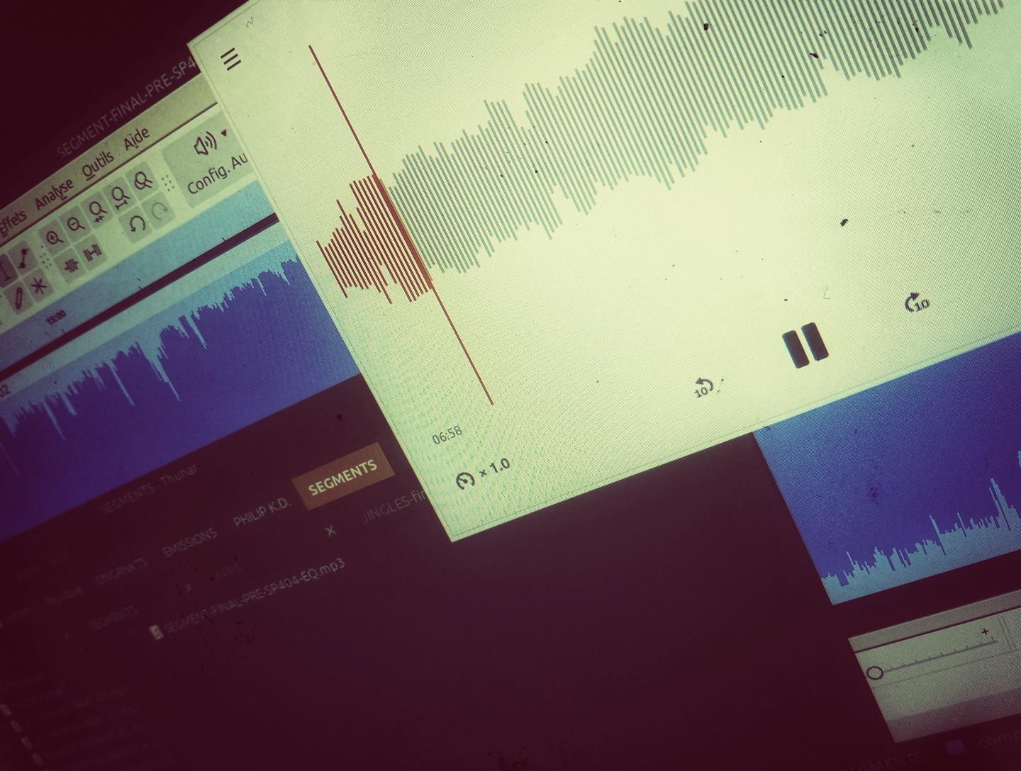 On voit un écran d'ordinateur sur lequel est afficher une forme d'onde dans un player audio
